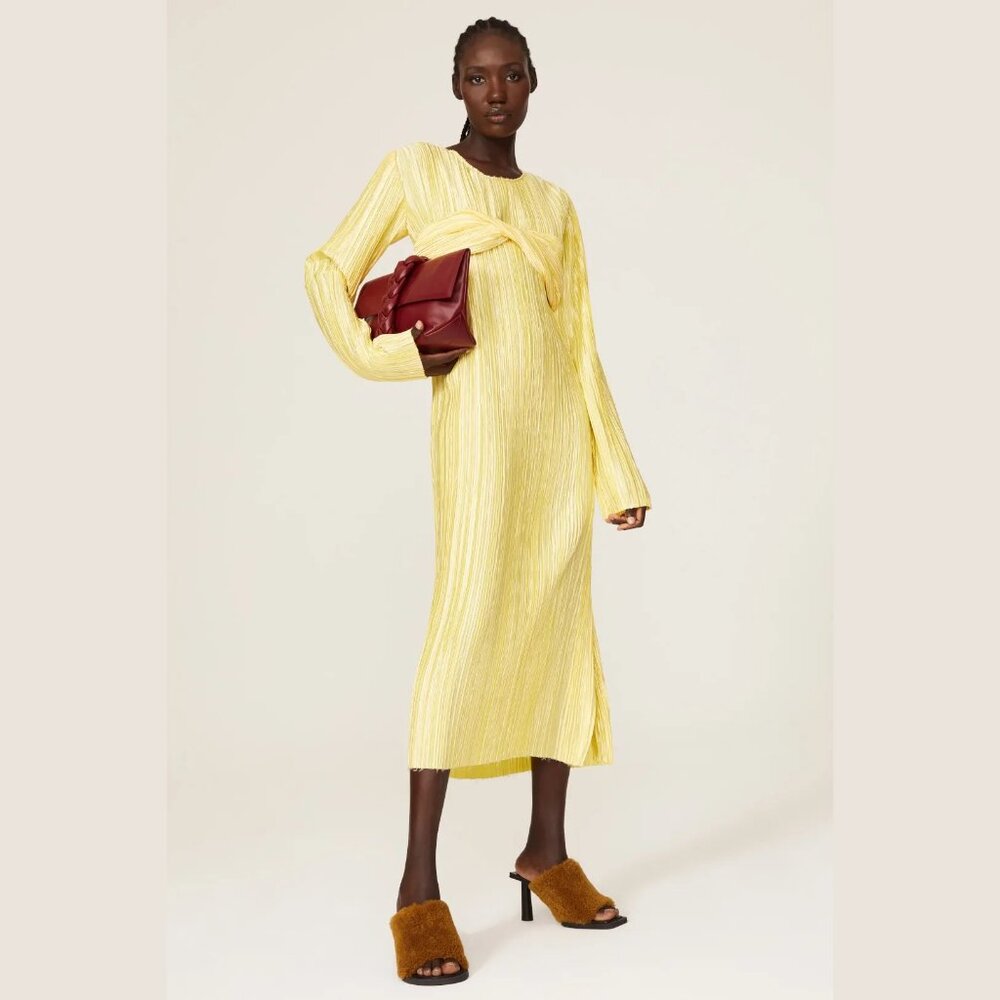 Marina Moscone Plissé Twisted Midi Dress Yellow Size 8 | Luxury Designer $1650